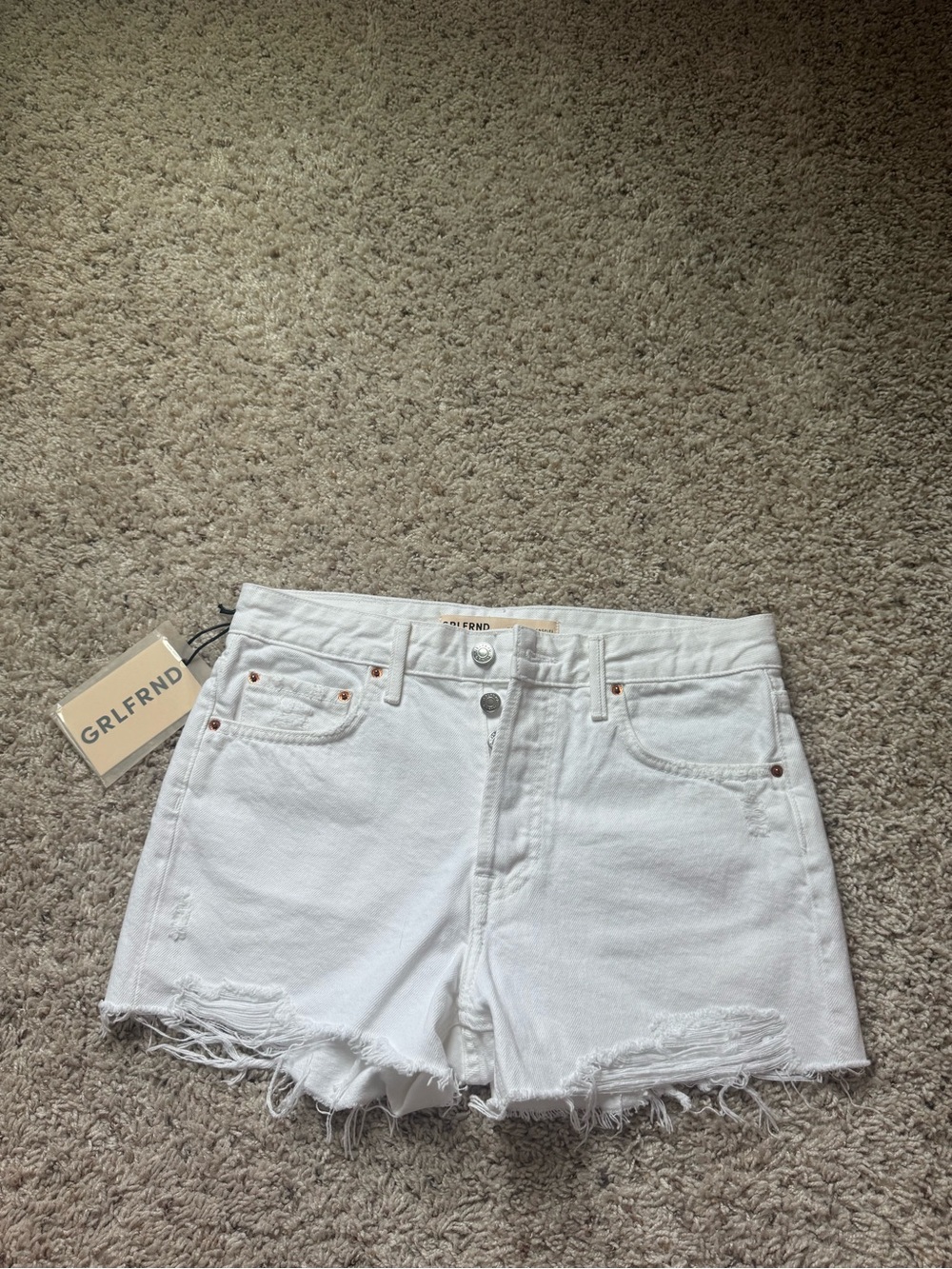 GRLFRND White High-Rise Distressed Denim Shorts - The Helena
